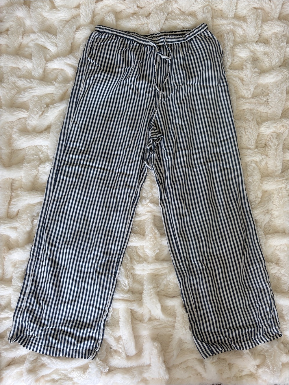 Linen Striped Drawstring Pants - Navy and White
